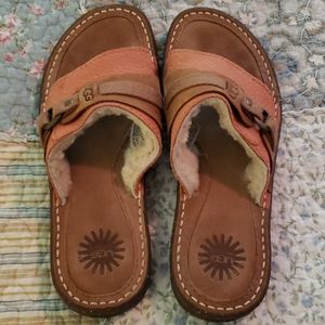 Peachy orange leather and sheepskin UGG Slides.